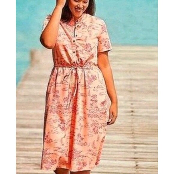 Lands' End dress L 12 peach pink rayon classic short sleeve shirt dress new $93 - Picture 2 of 4